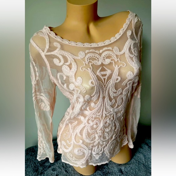🌸EXPRESS🌸 EMBROIDERED FLORAL LACE MEASH LONG SLEEVE PULLOVER TUNIC TOP NWOT🩰 - Picture 1 of 16